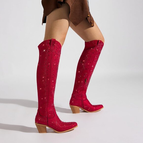 Women's Red Rhinestone Sparkly Over Knee Pointed Toe Chunky High Heel Boots - Picture 5 of 7